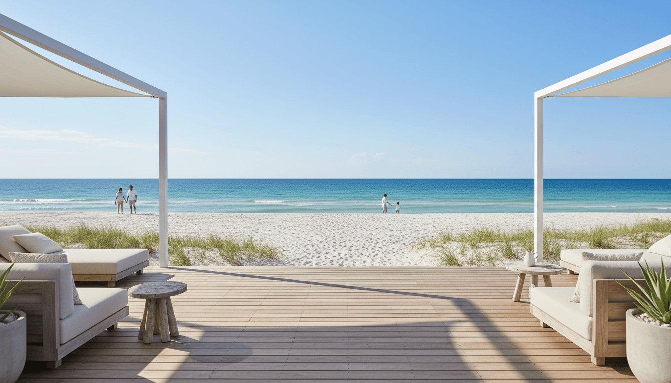 Beachfront apartment deck with lounge chairs offering direct access to sandy beach and turquoise ocean water